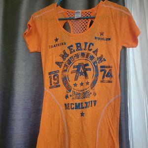 American Fighter Tee.  Orange w/blue-Purple lettering and fish net open back.